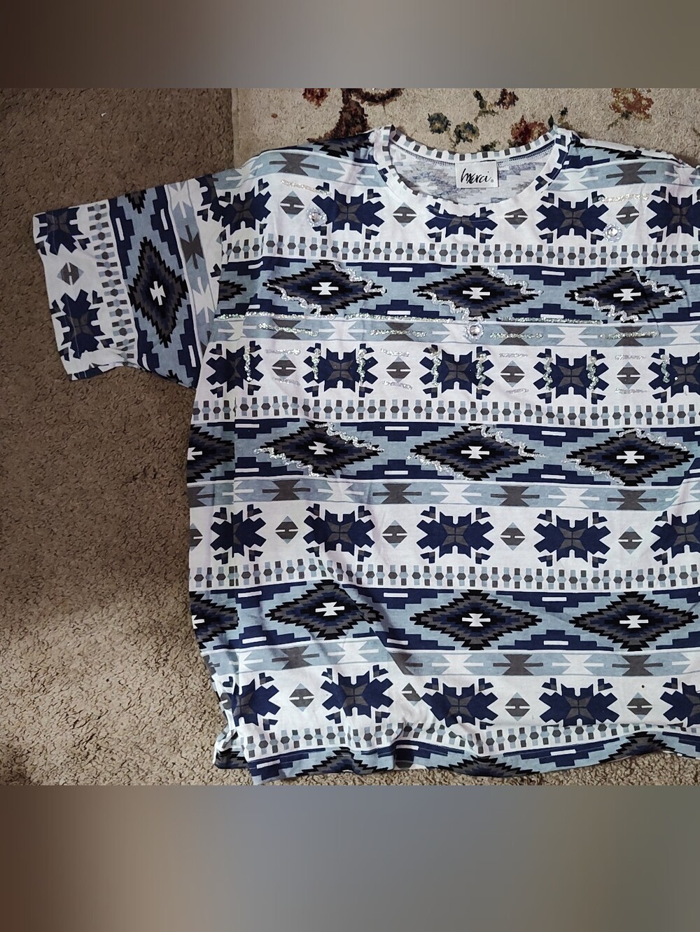 Women's Aztec Print Short Sleeve Shirt - Blue/Gray W Sparkles